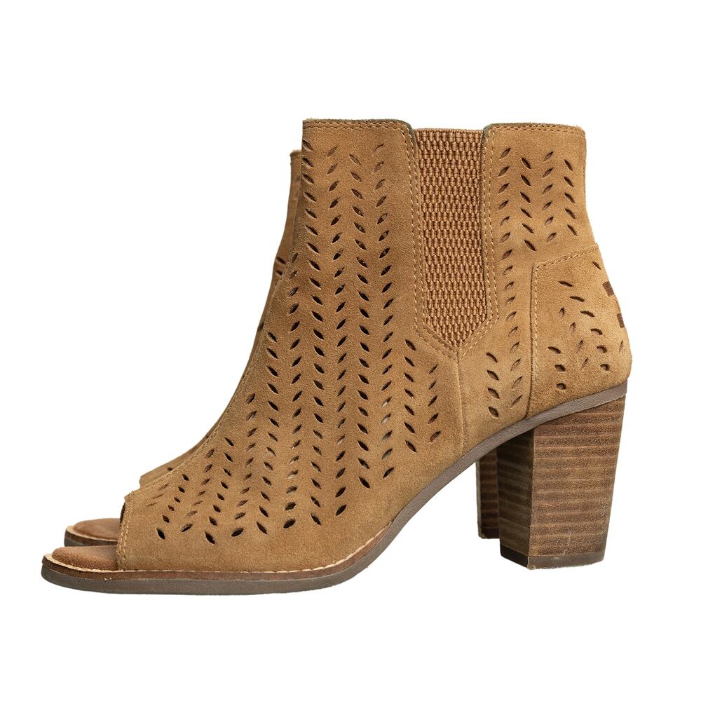 Tom's Boho Chic Tan Majorca Suede Peep Toe Booties Chunky Heels - US8 / EU 38.5